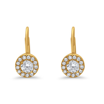 Dangling Earrings Halo Round Cut Yellow Tone, Simulated CZ 925 Sterling Silver